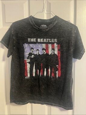 The Beatles Black Tee with Red, White & Blue Flag Graphic